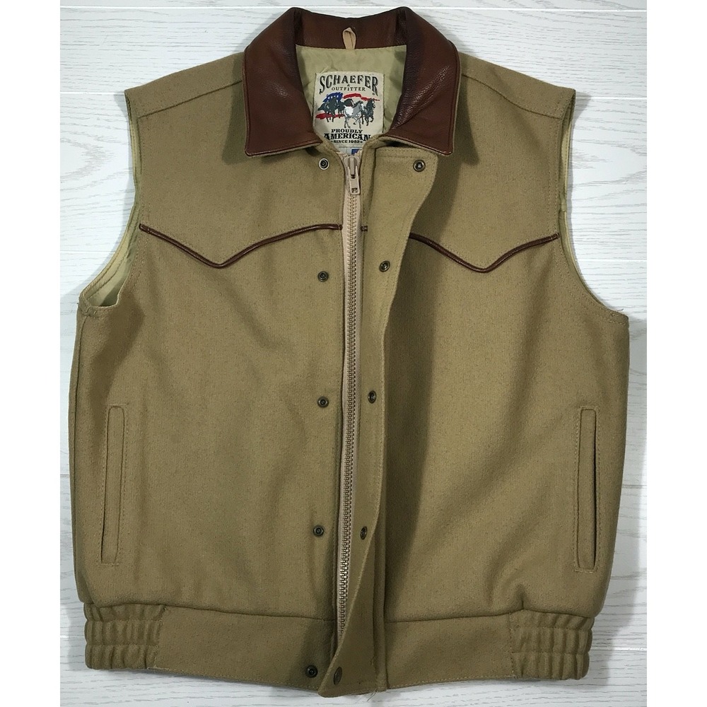 Schaefer Outfitter Vest Mens M Brown Tan Wool Leather Collar Western Cowboy USA